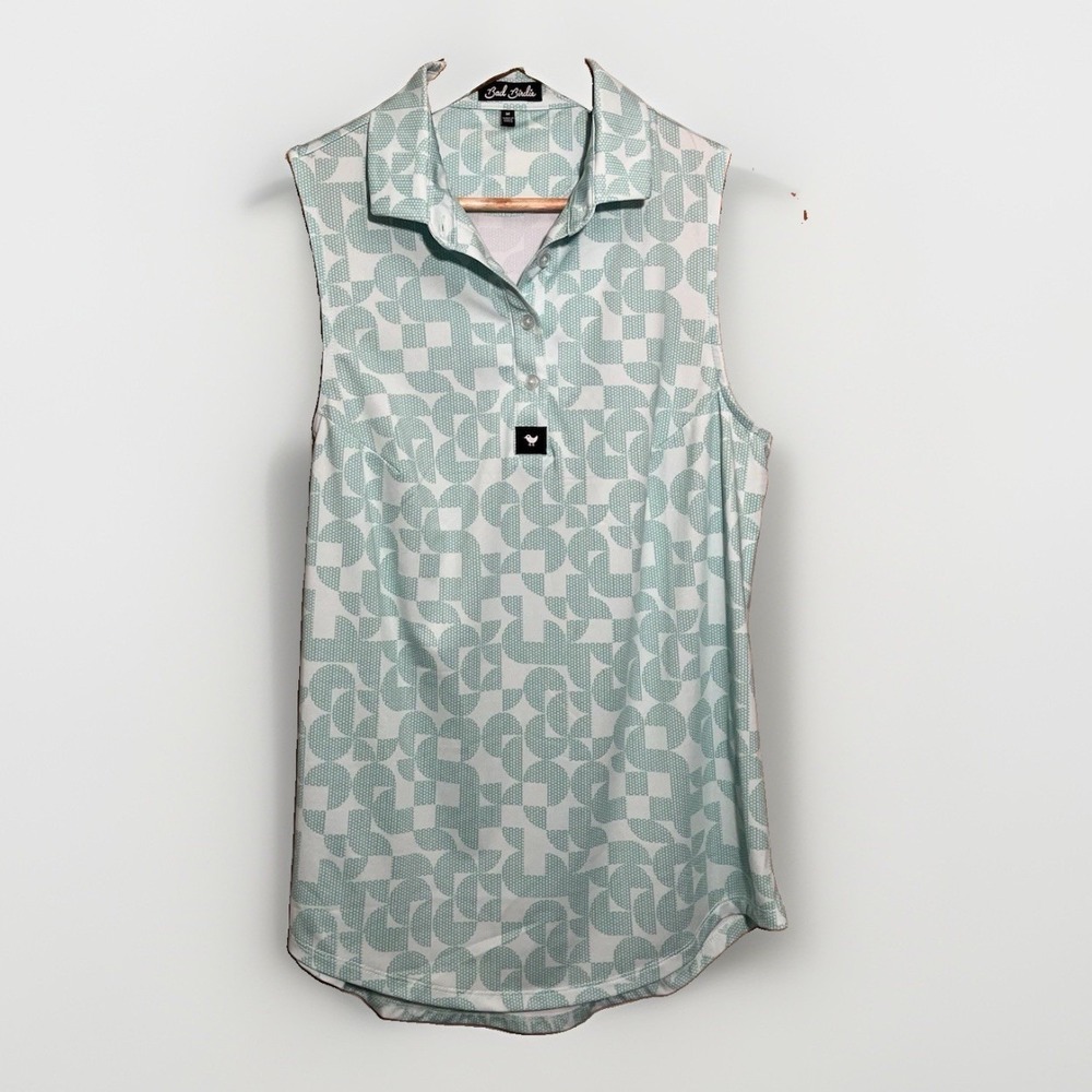 Bad Birdie Polo Golf Shirt Medium Quarter Button Sleeveless Mint Green Print